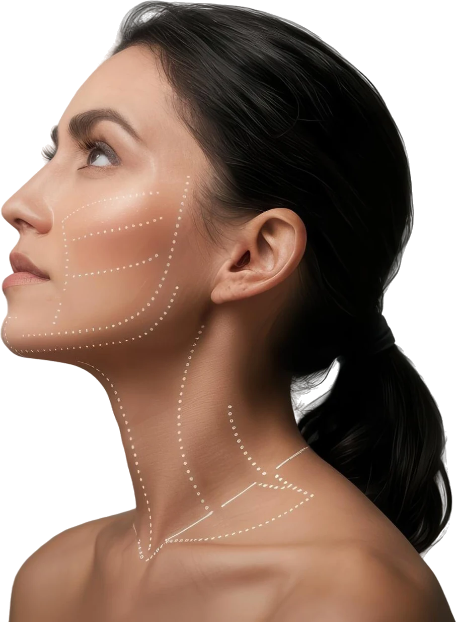 Perfil feminino com linhas de marcação de protocolos faciais